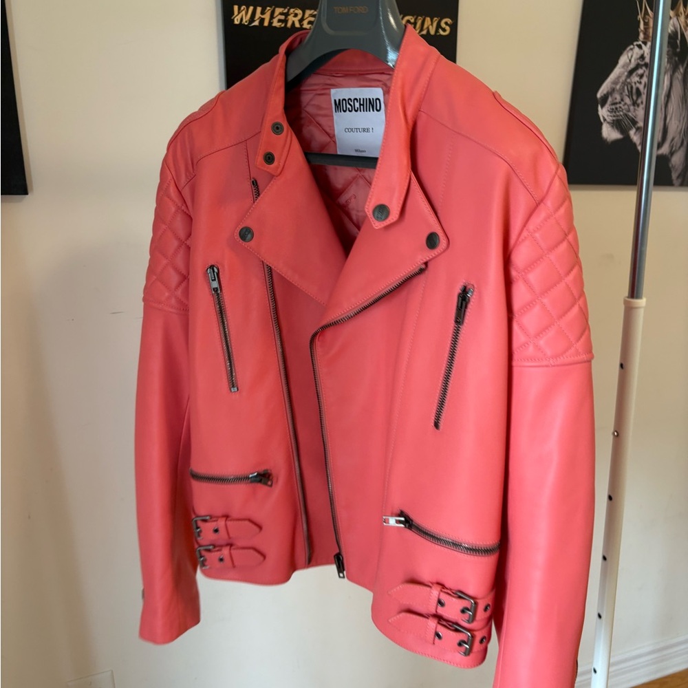 Moschino men’s Vibrant Coral Leather Jacket